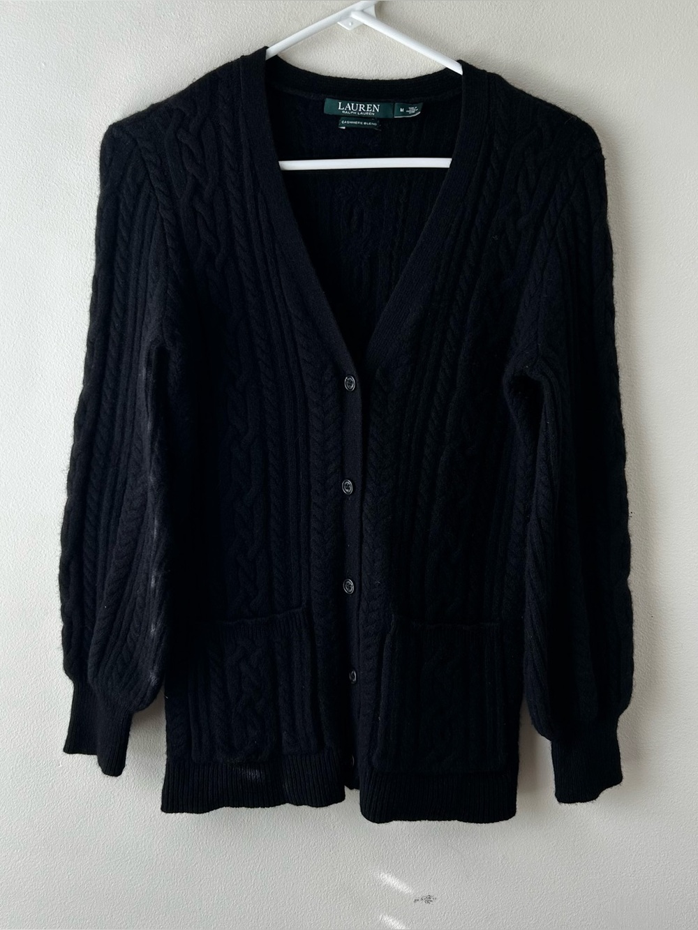 Lauren Ralph Lauren Cableknit Cashmere Blend V-Neck Cardigan Sweater Black M
